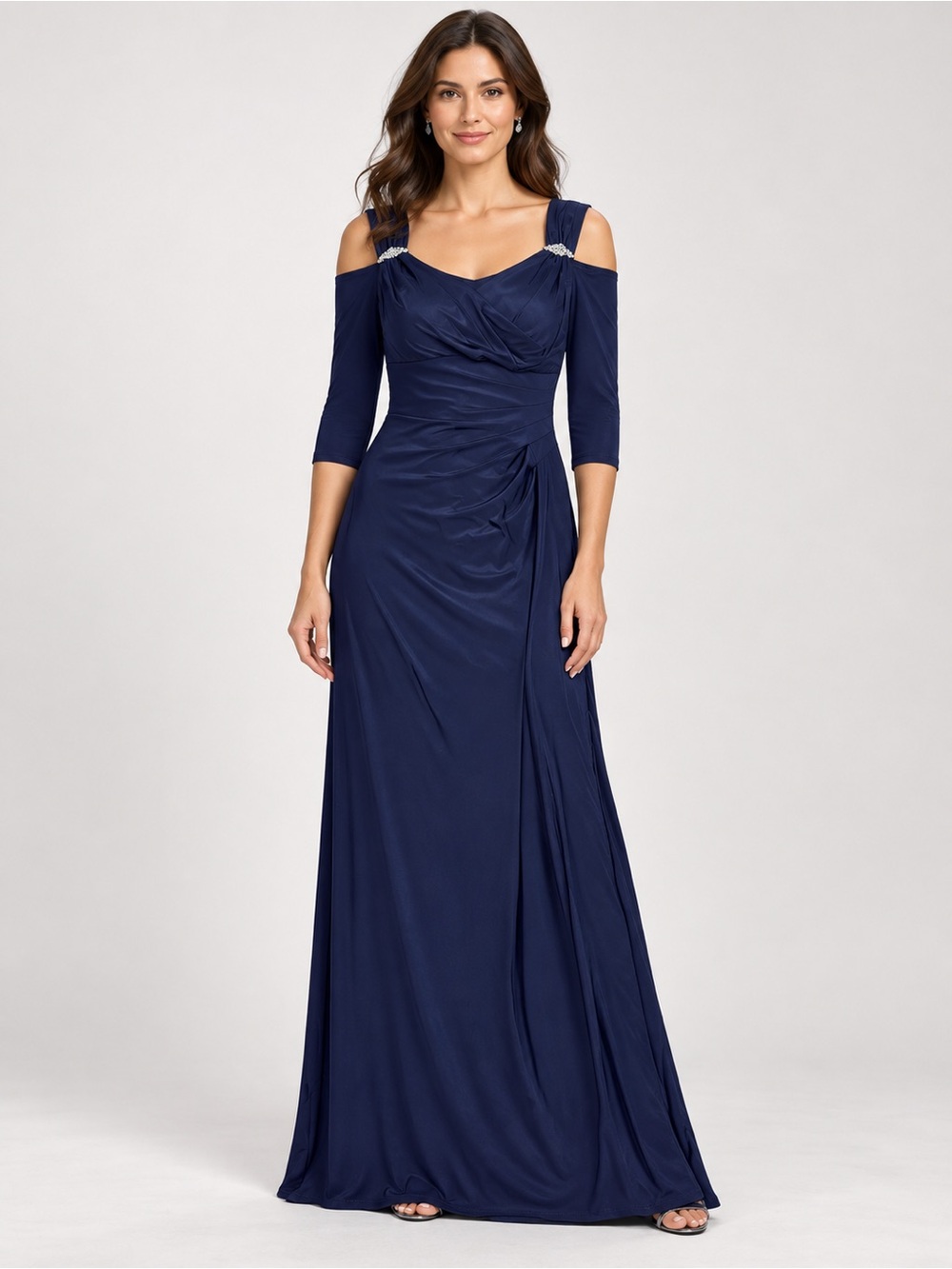 NWT New R&M Richards Long Empire Waist Cold Shoulder Navy Dress Size 8